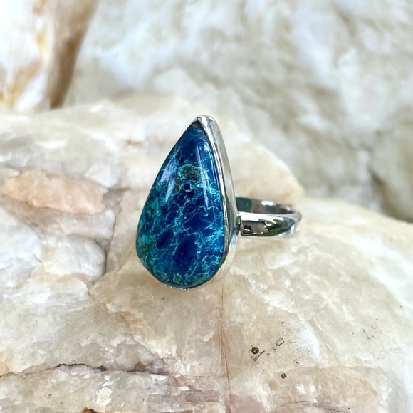 Azurite and Chrysocolla teardrop cabochon 925 sterling silver ring size 8, NWT - Picture 7 of 7